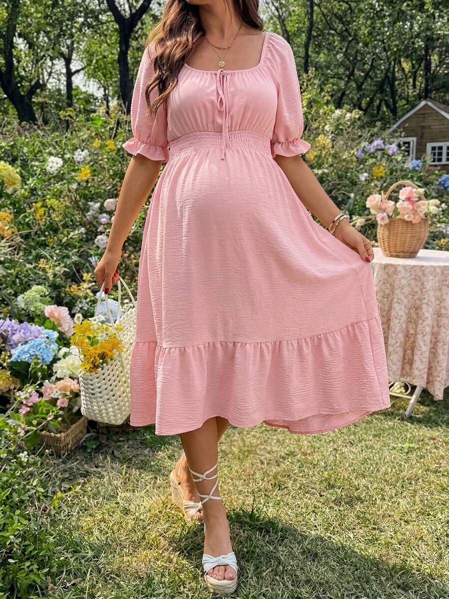 SHEIN 孕婦休閒純色短袖洋裝 夏天穿搭 - 粉色 - 查看 1