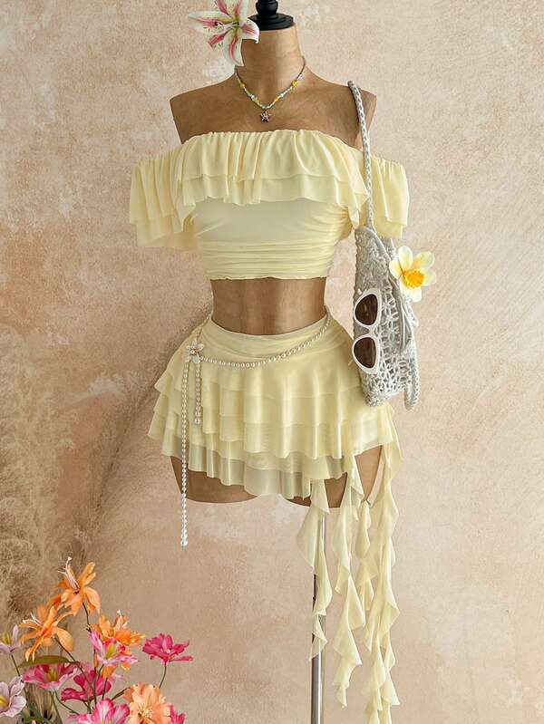 Soleia New Sexy Double Layer Ruffle Off-Shoulder Top & Low Waist Multi-Layer Asymmetrical Hem Ruffle Skirt 2pcs Set, Bohemian, Boho, Vacation, Vintage, Holiday, Beach, Cruise