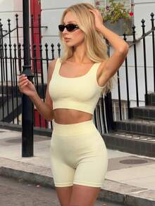 Pariaura Seamless Ribbed Yoga Set Women 2 Pieces High Waist Shorts Padded Sports Bra Workout Gym Activewear Su - Yellow - View 6