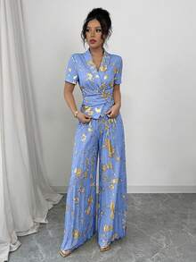 Elenzga 萬聖節女款兩件套服裝，藍金箔面料交叉裹身上衣搭配百褶寬腿褲，派對雞尾酒會夏季優雅穿搭 - 藍色 - 查看 6