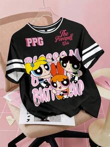 THE POWERPUFF GIRLS X SHEIN 青少年女孩字母卡通印花短袖休閒T恤 - 白色 - 查看 1