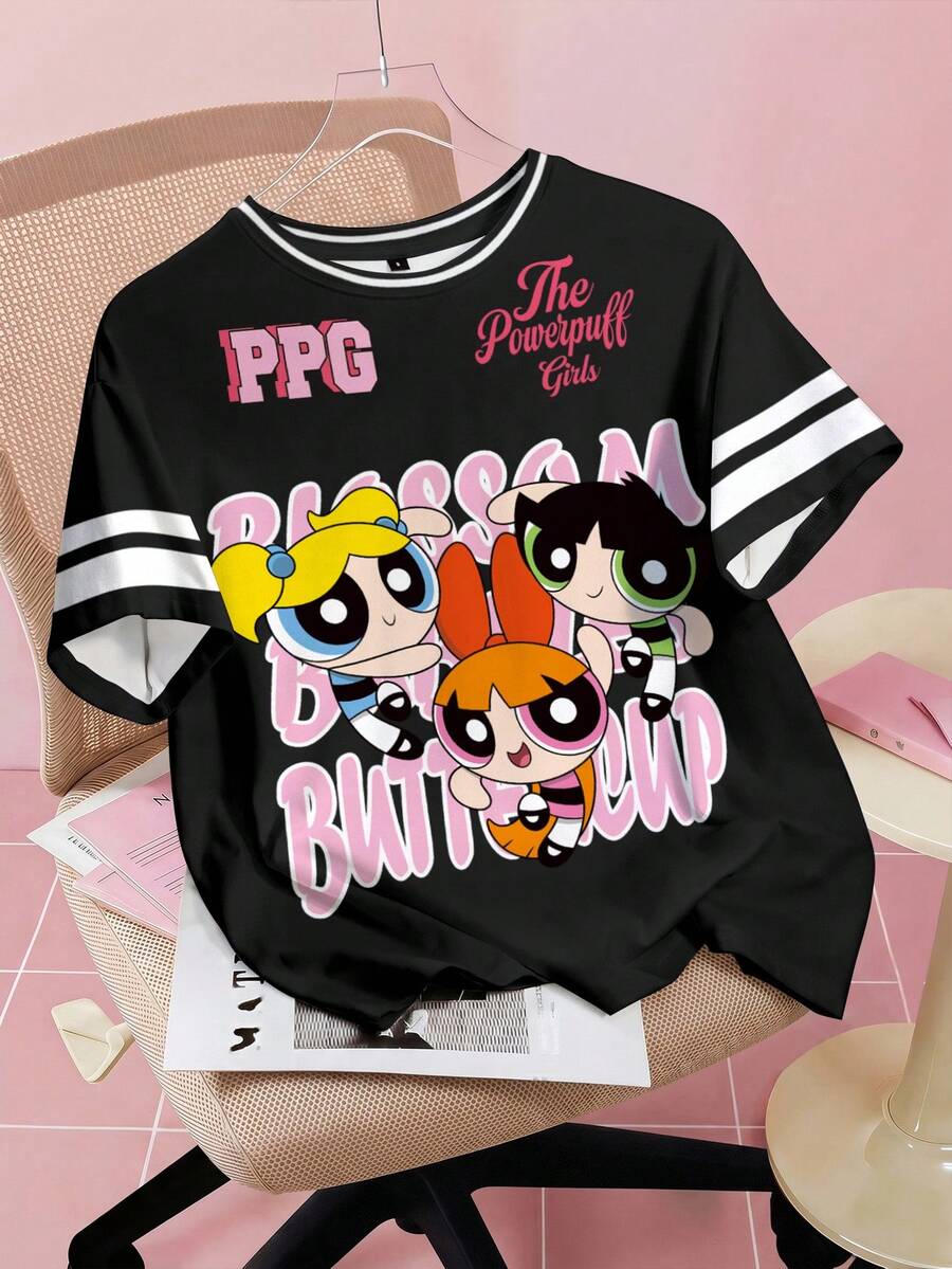 THE POWERPUFF GIRLS X SHEIN 青少年女孩字母卡通印花短袖休閒T恤 - 白色 - 查看 1