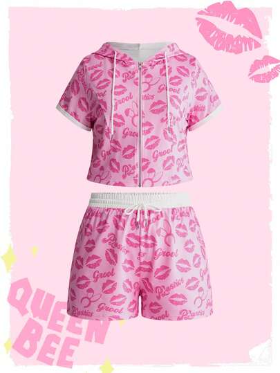 Mean Girls | ROMWE Plus Size Women Lip Print Zip Front Hoodie And Shorts Casual Outfit