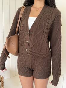 Autumina Vintage Casual Argyle Knit Dark Brown Sweater 2 Pieces Set Brunch Autumn - Coffee Brown - View 4