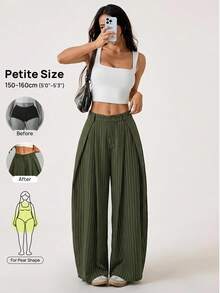 SHEIN PETITE 女款條紋百褶寬腿寬鬆休閒長褲 - 軍綠色 - 查看 10