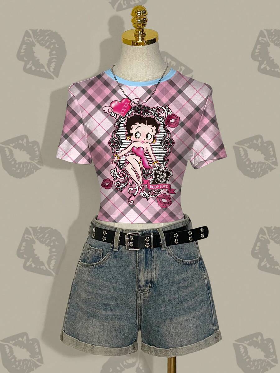 Betty Boop x SHEIN 女款夏季休閒時尚街頭風日常通勤卡通角色格紋印花短袖修身短版T恤 - 白色 - 查看 1