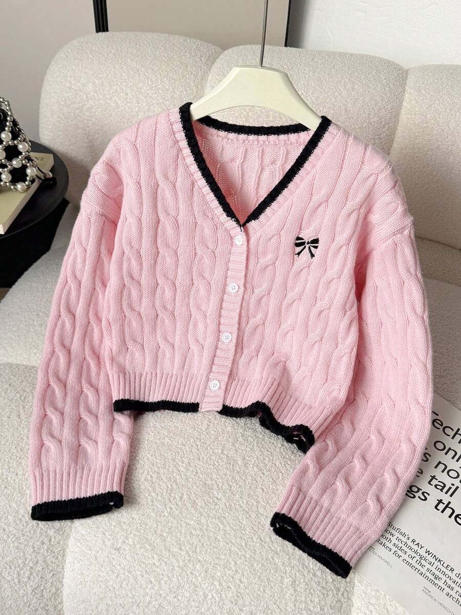 SHEIN Tween女孩彩色拼接飾邊長袖休閒針織開襟衫,秋冬粉色毛衣,女孩毛衣,可愛毛衣,青少年女孩蝴蝶結針織開襟衫,粉色毛衣,時尚學院風開襟衫毛衣,秋季風格開襟衫毛衣 - 粉色 - 查看 1