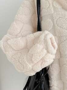 SHEIN Tween Girl Casual Versatile Heart Pattern Fuzzy Long Sleeve Stand Collar Jacket , Fall/Winter - White - View 3