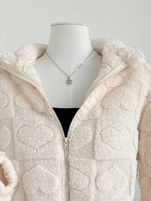 SHEIN Tween Girl Casual Versatile Heart Pattern Fuzzy Long Sleeve Stand Collar Jacket , Fall/Winter - White - View 4