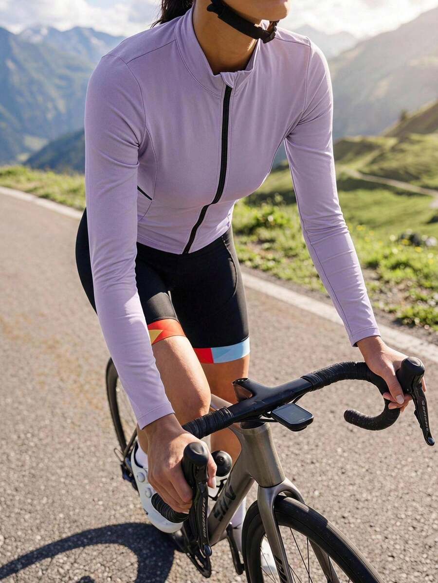 In My Nature Women's Fashion Versatile Zipper Placket Long Sleeve Pocket Cycling Top - Purple - View 1