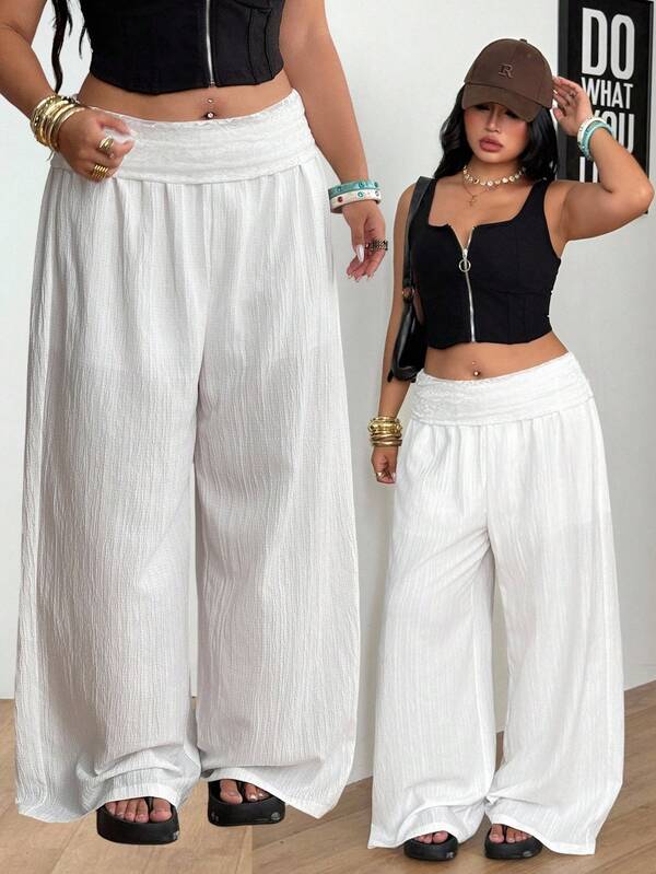 Coolane Women's Plus Size Fall Going Out Gym Country Concert Beach Outfit Vacation Boho Basic White Lace Mid-Waist Curved Hem Wide Leg Pants