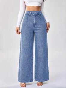 SHEIN ICON 女款鈕扣休閒街頭風百搭牛仔褲，牛仔女郎穿搭，藍色，適合日常穿著、返校、上班辦公、夏季 - 黑色 - 查看 7