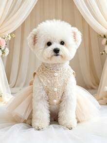 PETSIN 1 Piece Champagne Princess Style Pet Dress, Small Mother Dog And Cat Clothes, Suitable For Wedding And Birthday Photo Outfits, Suitable For Wedding Companions And Birthday Parties To Wear Wedding Dresses - Champagne - View 5