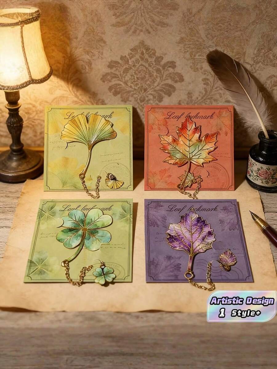 1PC Vintage Metal Leaf Bookmark With Chain Charm Hollow Design Exquisite Ginkgo Maple Clover Lotus Pendant Ideal Gift For Book Lovers Students Teachers Writers Readers 6 Styles Random Assorted - multicolor - View 1