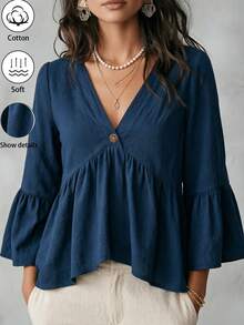 EMERY ROSE White V-Neck Ruffle Sleeve Women's Casual Shirt - Navy Blue - View 1