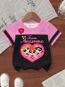 THE POWERPUFF GIRLS X SHEIN GraphicGems Young Girl Heart Cartoon Color-Block Pattern Short Sleeve Soft Versatile Casual Summer T-Shirt - Pink - View 6