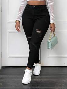 CurvyTilda Plus Size Women's Ripped Slim Fit Jeans Casual Vacation - Black - View 5