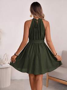 EMERY ROSE Women's Spring/Summer French Elegant Luxury Minimalist High-End Design Casual Bohemian Vacation Office Commute Old Money Style Comfortable Solid Color Faux Linen Fabric Ruched Neckline Beaded Decor Elastic Waist Self-Fabric Belt Cinched Waist A-Line Spaghetti Strap Tie Strap Pocket Short Dress - Army Green - View 2