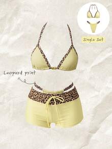 Elavelle Conjunto de bikini halter con estampado aleatorio para mujer, primavera/verano - Multicolor - Ver 1