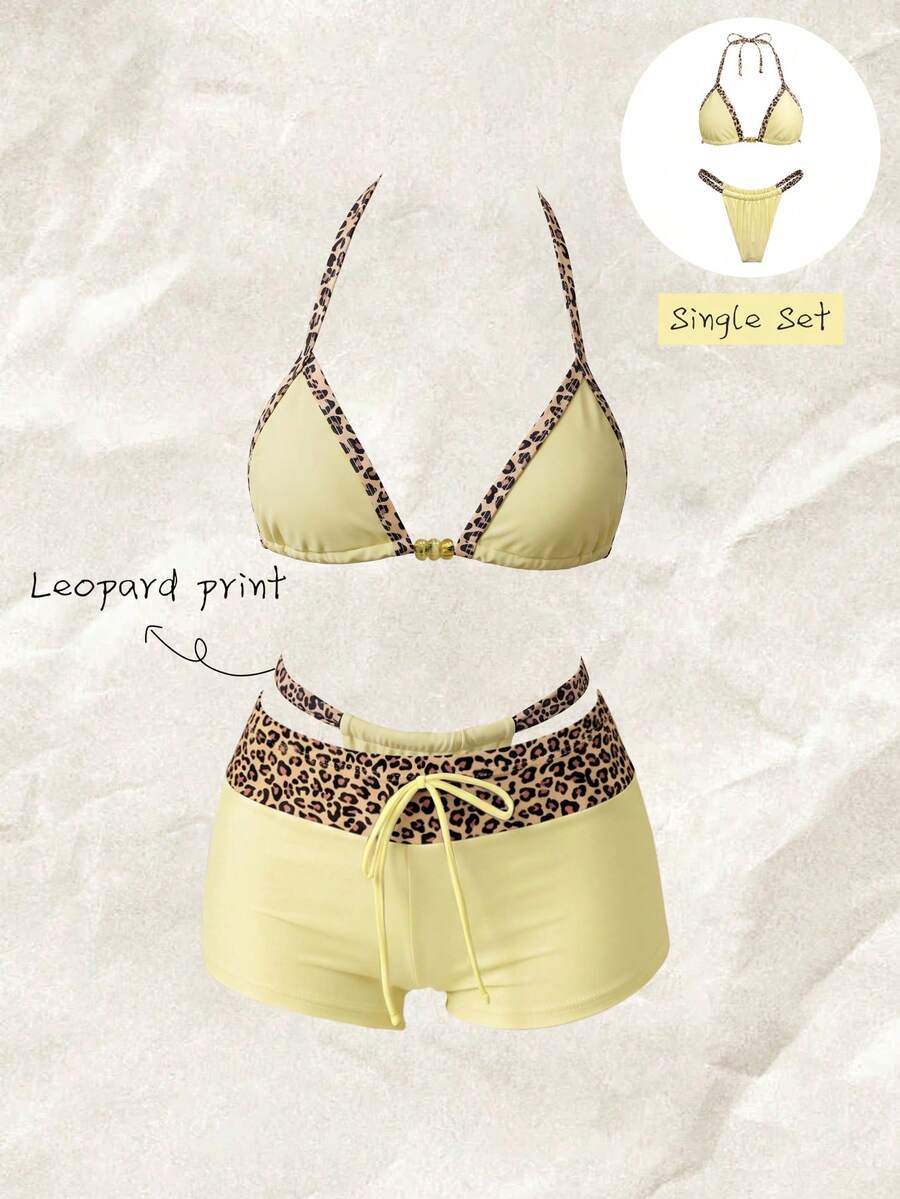 Elavelle Conjunto de bikini halter con estampado aleatorio para mujer, primavera/verano - Multicolor - Ver 1