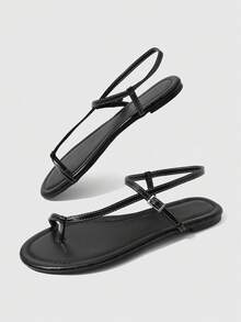 HighSole 女款春夏戶外舒適裸色綁帶休閒平底黑色涼鞋，度假沙灘穿搭 - 黑色 - 查看 6