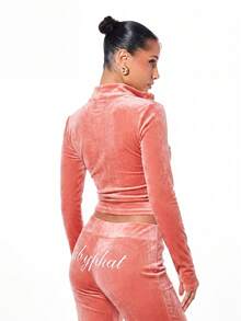 BABYPHAT Velour Long Sleeve High Neck Zip-Up Crop Jacket With Script Logo Detail - Coral Pink - View 2