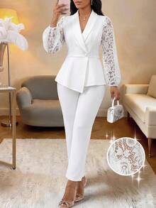SHEIN Lady Women's Button Lace Patchwork Asymmetrical Hem Blazer And Casual Suit Pants Set - White - View 1