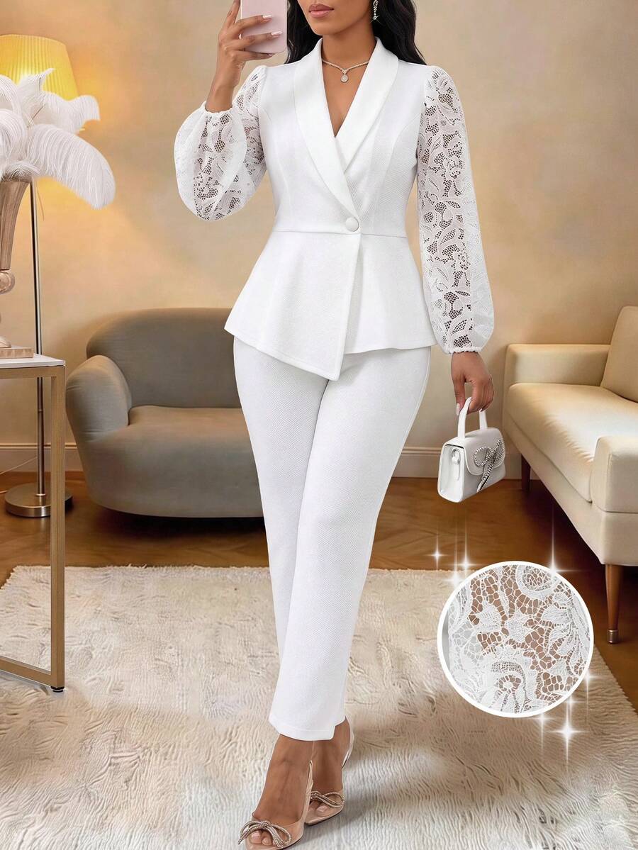 SHEIN Lady Women's Button Lace Patchwork Asymmetrical Hem Blazer And Casual Suit Pants Set - White - View 1