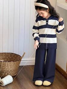 SHEIN Little Byeori 女童拼色連帽長袖針織上衣與長褲套裝，秋季款 - 藏蓝色 - 查看 1