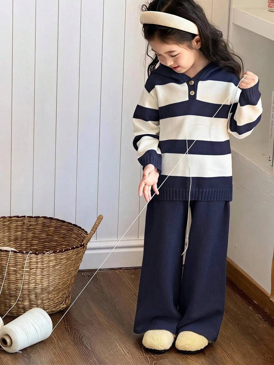 SHEIN Little Byeori 女童拼色連帽長袖針織上衣與長褲套裝,秋季款 - 藏蓝色 - 查看 1