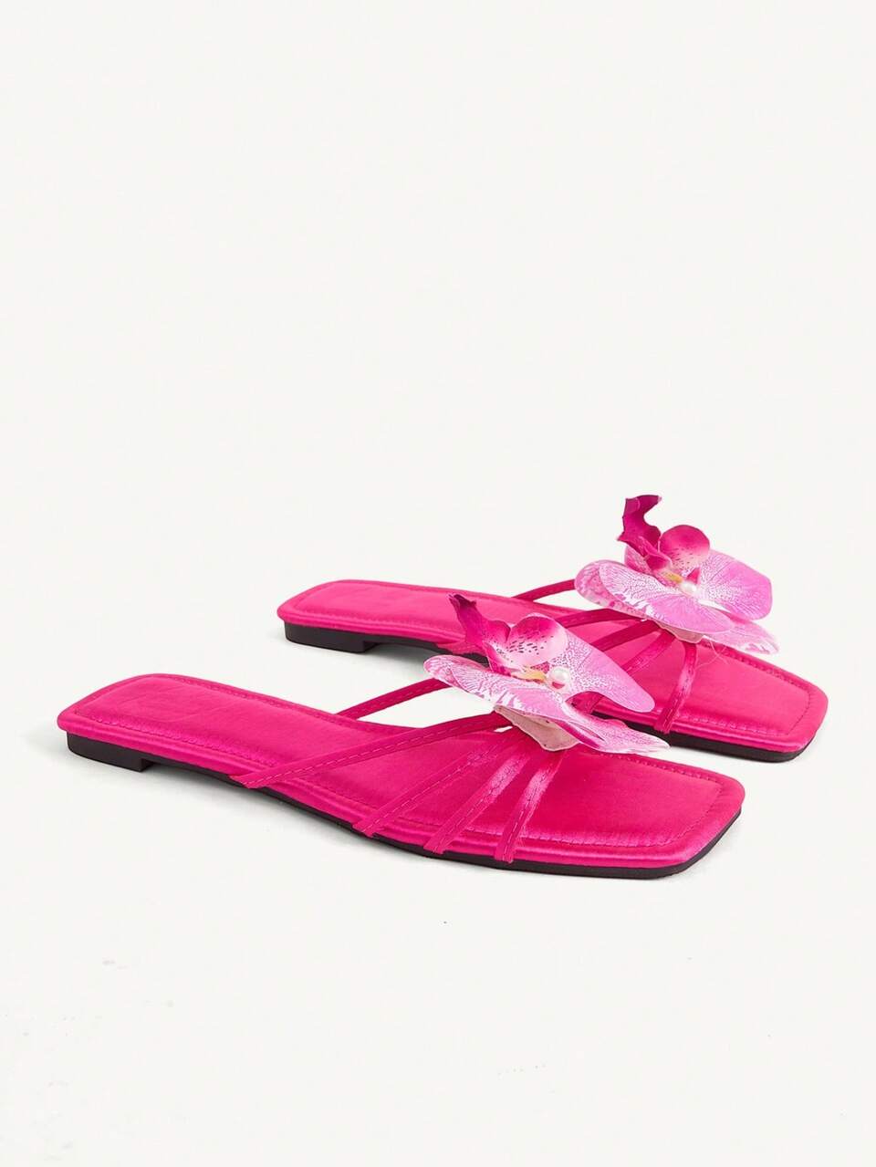 CUCCOO CHICEST Women's Shoes Spring And Summer New Square Toe Rose Red Satin Phalaenopsis Decorative Thin Belt Gentle Temperament Elegant Wear Flat Sandals