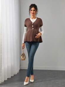 Momance Maternity Sweater Vest, Fitted V-Neck With Metal Button Design, Solid Color Knit, Casual Everyday Wear, Versatile Outerwear Winter - Brown - View 7