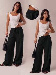 SHEIN Tall CURVE 大尺碼極簡風抽繩腰紋理鬆弛休閒長褲 - 黑色 - 查看 1