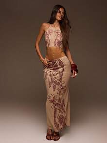 MUSERA Nude Hotfix Henna Detail Halterneck Fitted Crop Top - Multicolor - View 5