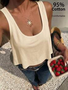 SHEIN EZwear 女款休閒杏色寬鬆深U領短版背心，適合夏季 - 杏色 - 查看 8