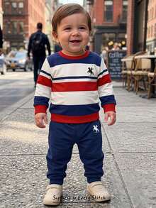 Baby Boy Casual Athletic Minimalist Loose Round Neck Knitted Soft Pullover Set Suitable For Autumn/Winter Classic Retro Striped Pattern Print Navy - Multicolor - View 3