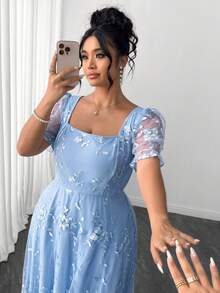 Elenzga Women's Spring/Summer Elegant Square Neck Petal Sleeve Mesh Embroidery Plus Size Dress - Blue - View 4
