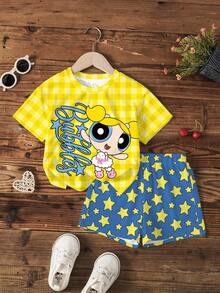 THE POWERPUFF GIRLS X SHEIN 少女卡通印花短袖T恤與短褲休閒套裝 - 白色 - 查看 7
