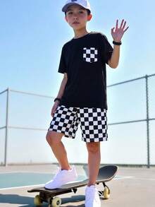SHEIN 2pcs Kids Tween Boy Casual Q-Checkerboard Sporty Style Loose Knit Crew Neck T-Shirt And Knit Shorts Set, Suitable For Spring/Summer Home And Outdoor Wear - Black - View 5