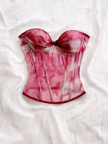 Soleia Ink Wash Gradient Bow Elastic Mesh Ruched Fishbone Bustier - Red - View 4