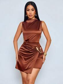 SOLERSUN Women's Solid Color Stand Collar Metal Decor Asymmetric Hem Sleeveless Fashion Dress - Brown - View 5