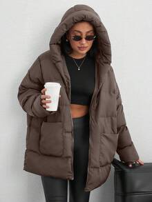 SHEIN Tall Zip Up Hooded Padded Coat With Two Pockets - Brown - View 3