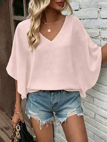 EMERY ROSE Camisa de manga de murciélago de unicolor casual, verano - Rosa Pálido - Ver 8