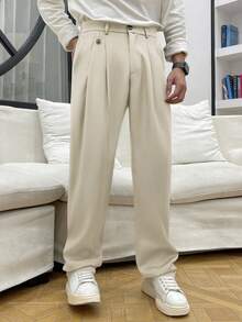 Manfinity Hypemode Men's Solid Color Pleated Pocket Loose Straight Casual Pants For Ceremony, Formal - Beige - View 5