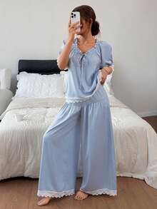DAZY Women's Contrast Lace Front Tie Top And Pants Pajama Set - Blue - View 3