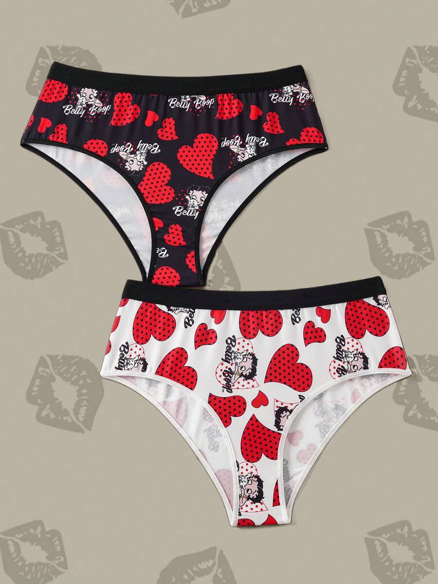 Betty Boop x SHEIN 加大码舒适柔软心形卡通图案内裤 - 黑與白 - 查看 1