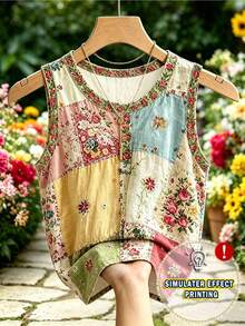 Franclia Women's Patchwork Pattern Sleeveless Round Neck Button Casual Fashion Tank Top - Multicolor - View 2