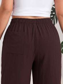 Solflare Plus Size Solid Color Casual Drawstring Waist Pocket Loose Long Pants - Coffee Brown - View 6