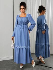 Momance Women's New French Design Ruffle Square Neck Patchwork Elegant Maternity Long Sleeve Dress Autumn Photoshoot Baby Blue - Blue - View 9
