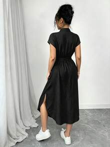SHEIN Raffinéa 女款純色腰部打結設計百褶休閒日常夏季洋裝 - 黑色 - 查看 2